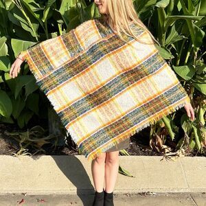 Plaid Poncho Green Orange Gold Brown Handkerchief Angie Women's One Size